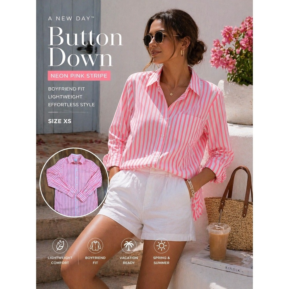A New Day Neon Pink Stripe Button Down Shirt XS White Preppy Boyfriend Fit Coast